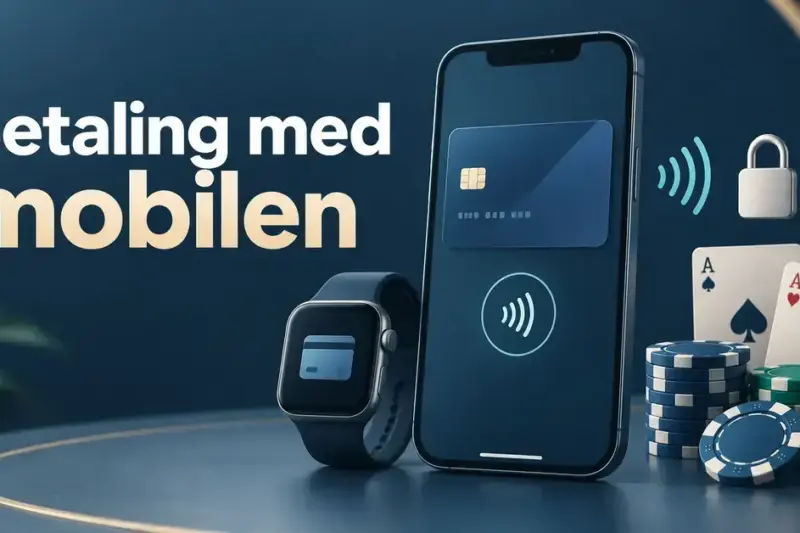 Illustrasjon av en mobiltelefon og en smartklokke med digital lommebok, kontaktløst betalingssymbol, hengelås, spillekort og kasinosjetonger under teksten «Betaling med mobilen».