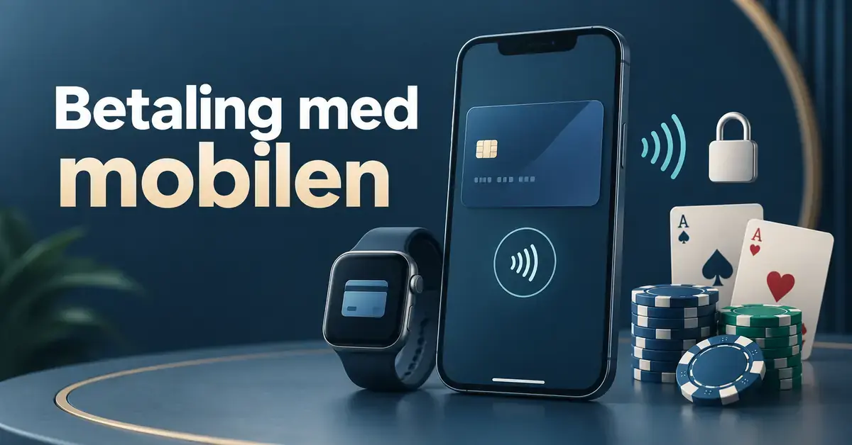 Illustrasjon av en mobiltelefon og en smartklokke med digital lommebok, kontaktløst betalingssymbol, hengelås, spillekort og kasinosjetonger under teksten «Betaling med mobilen».