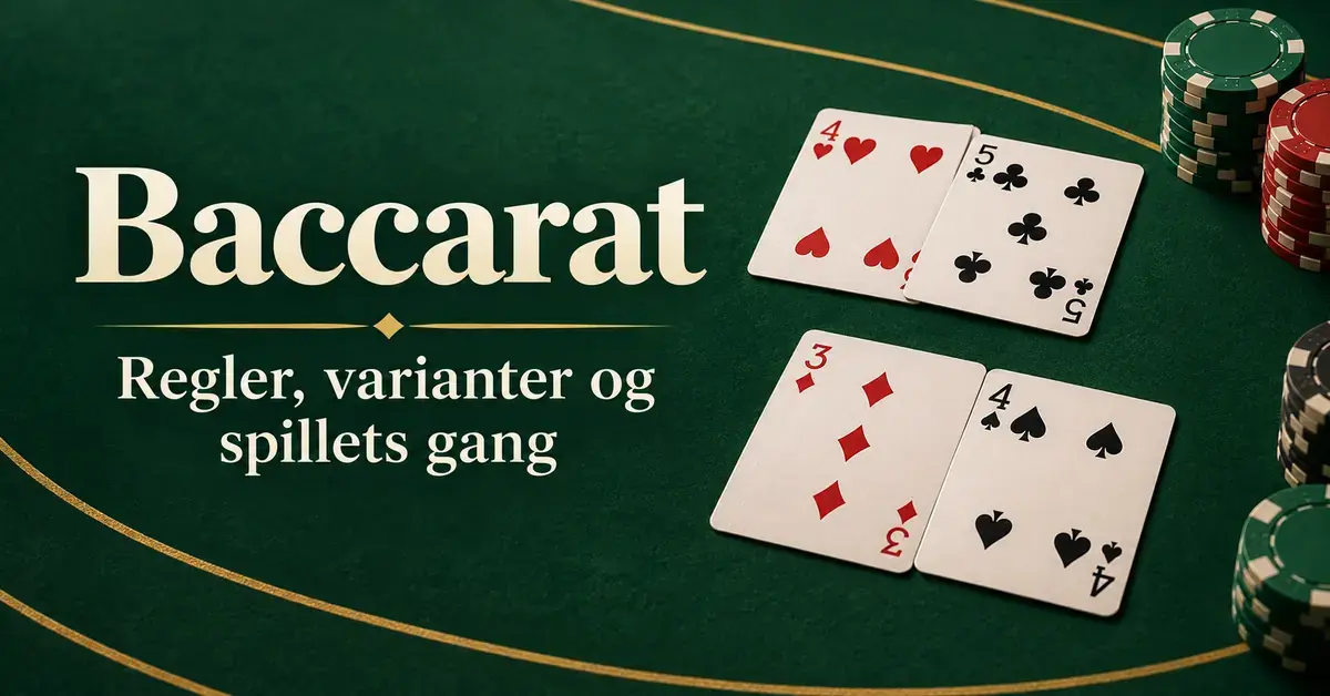 To korthender og sjetonger på et grønt baccaratbord med teksten «Baccarat – Regler, varianter og spillets gang».