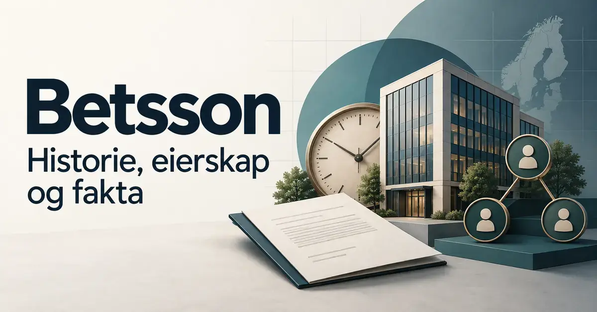 Illustrasjon med teksten «Betsson – Historie, eierskap og fakta», et kontorbygg, en klokke, dokumenter og symboler for eierskap.