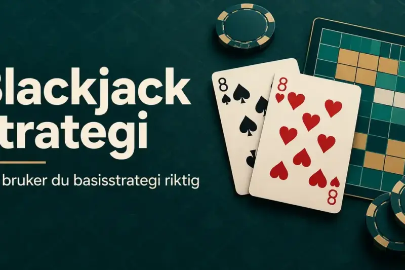 To åttere, sjetonger og en stilisert strategitabell på mørkegrønn bakgrunn med teksten «Blackjack strategi – Slik bruker du basisstrategi riktig».