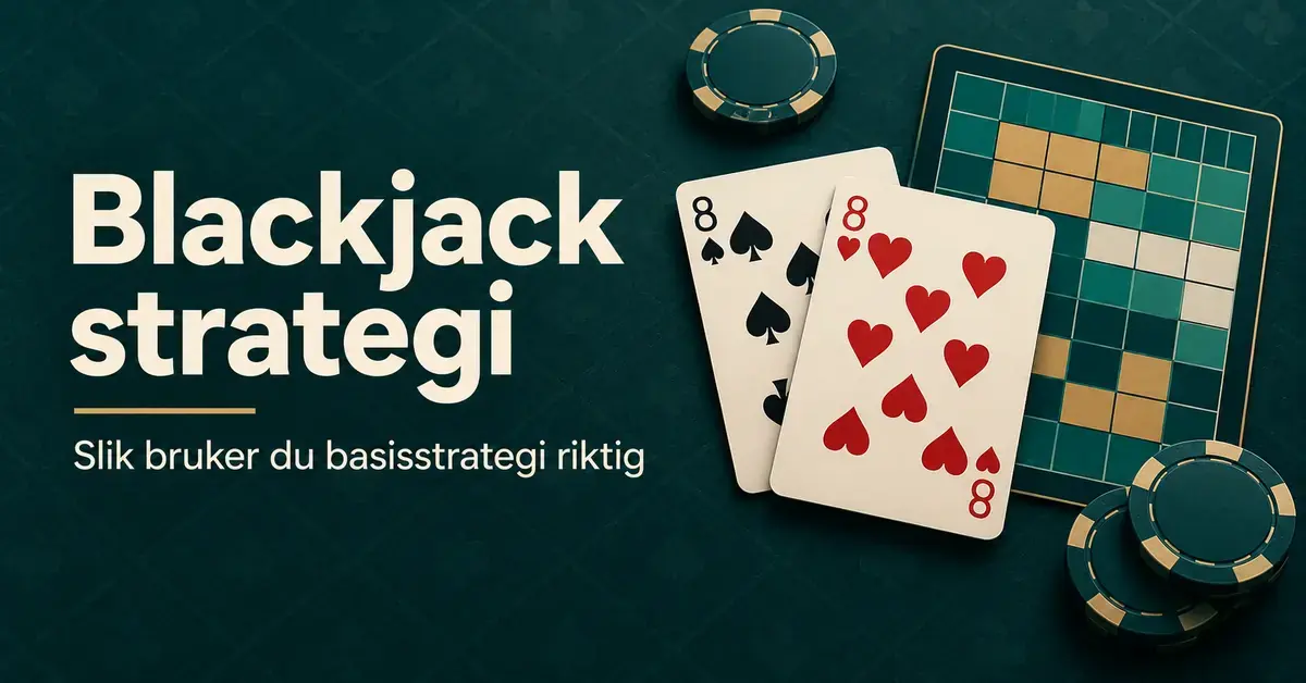 To åttere, sjetonger og en stilisert strategitabell på mørkegrønn bakgrunn med teksten «Blackjack strategi – Slik bruker du basisstrategi riktig».