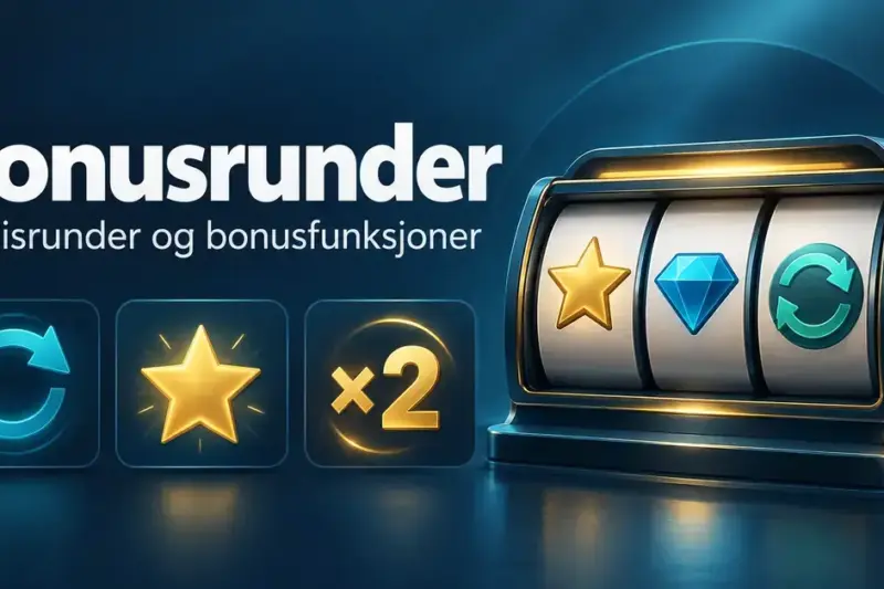 Illustrasjon av en spilleautomat med symboler for gratisrunder, wild-funksjoner og multiplikatorer under overskriften «Bonusrunder».