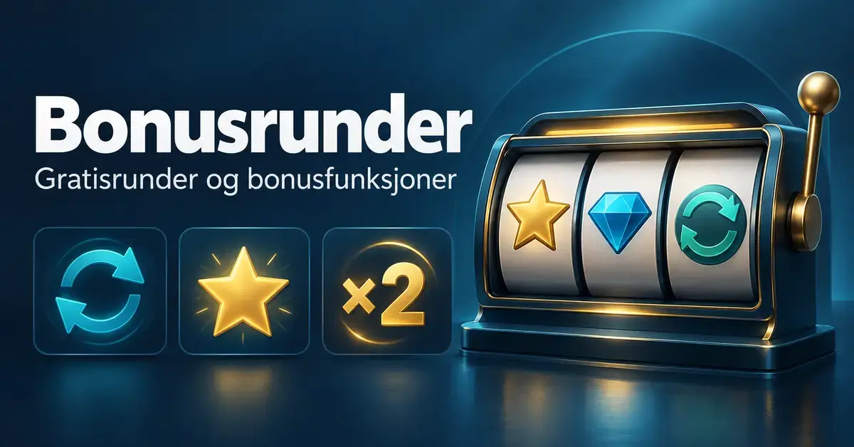 Illustrasjon av en spilleautomat med symboler for gratisrunder, wild-funksjoner og multiplikatorer under overskriften «Bonusrunder».