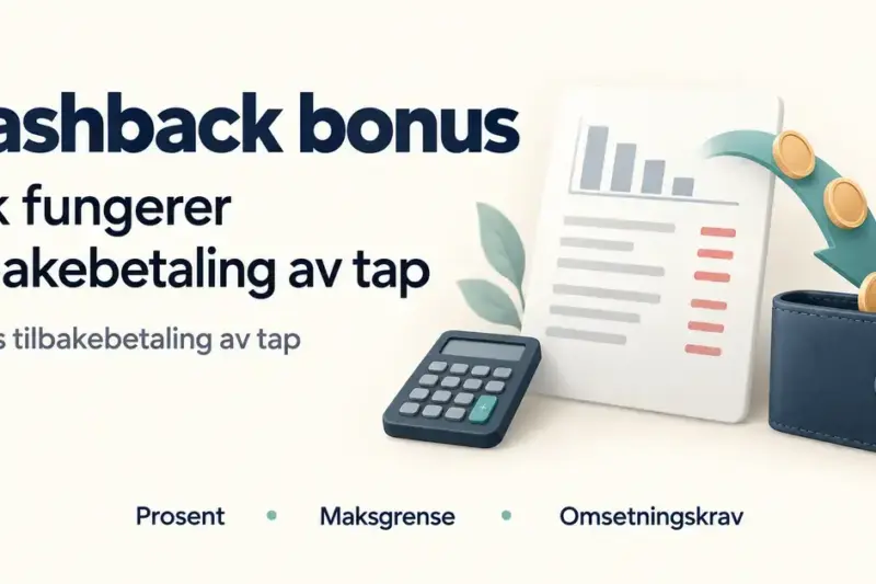 Illustrasjon av cashback som delvis tilbakebetaling av tap, med en kalkulator, en tapsoversikt og mynter som føres tilbake til en lommebok.