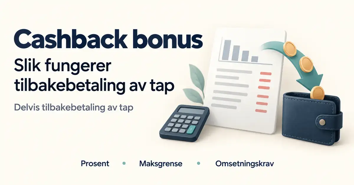 Illustrasjon av cashback som delvis tilbakebetaling av tap, med en kalkulator, en tapsoversikt og mynter som føres tilbake til en lommebok.
