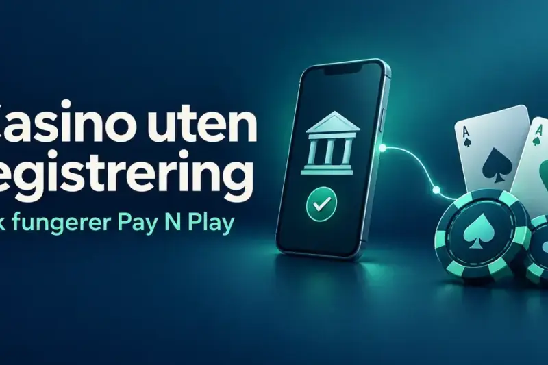 Illustrasjon av en mobil med banksymbol og bekreftelsesmerke koblet til spillekort og kasinosjetonger, med teksten «Casino uten registrering – Slik fungerer Pay N Play».