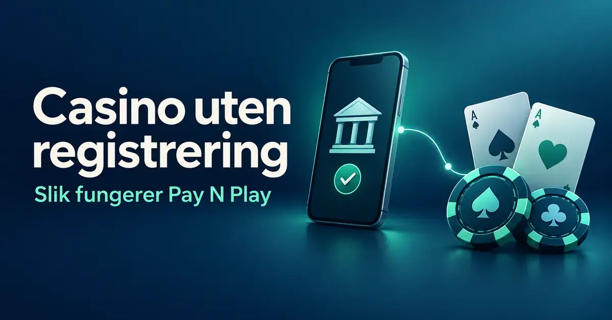 Illustrasjon av en mobil med banksymbol og bekreftelsesmerke koblet til spillekort og kasinosjetonger, med teksten «Casino uten registrering – Slik fungerer Pay N Play».