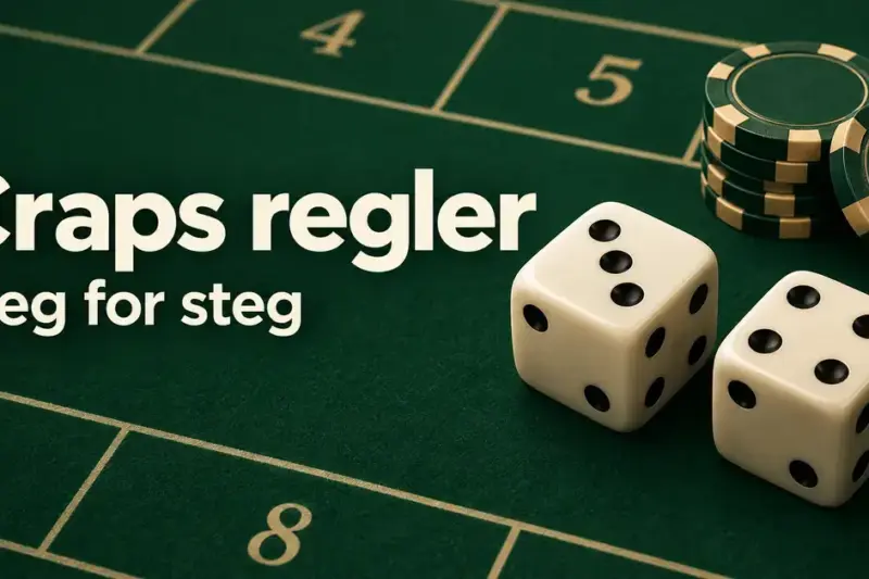 To terninger og en stabel sjetonger på et grønt crapsbord med teksten «Craps regler – Steg for steg».