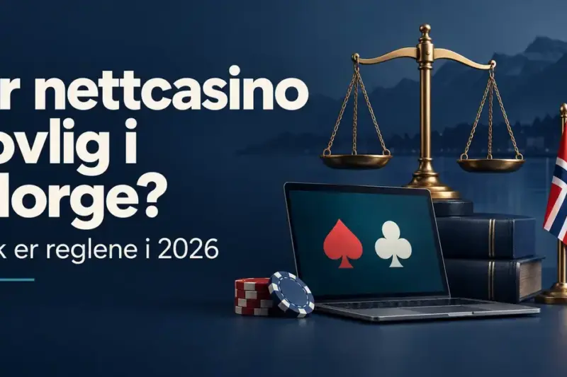 Illustrasjon med en balansevekt, en bærbar datamaskin med kortsymboler, kasinosjetonger og det norske flagget, med teksten «Er nettcasino lovlig i Norge? Slik er reglene i 2026».