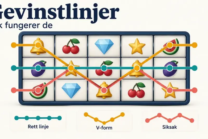 Illustrasjon av et spilleautomatrutenett med fem hjul og tre rader, der fargede gevinstlinjer viser en rett linje, en V-form og et siksakmønster.