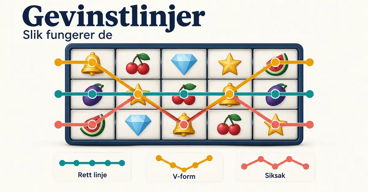 Illustrasjon av et spilleautomatrutenett med fem hjul og tre rader, der fargede gevinstlinjer viser en rett linje, en V-form og et siksakmønster.