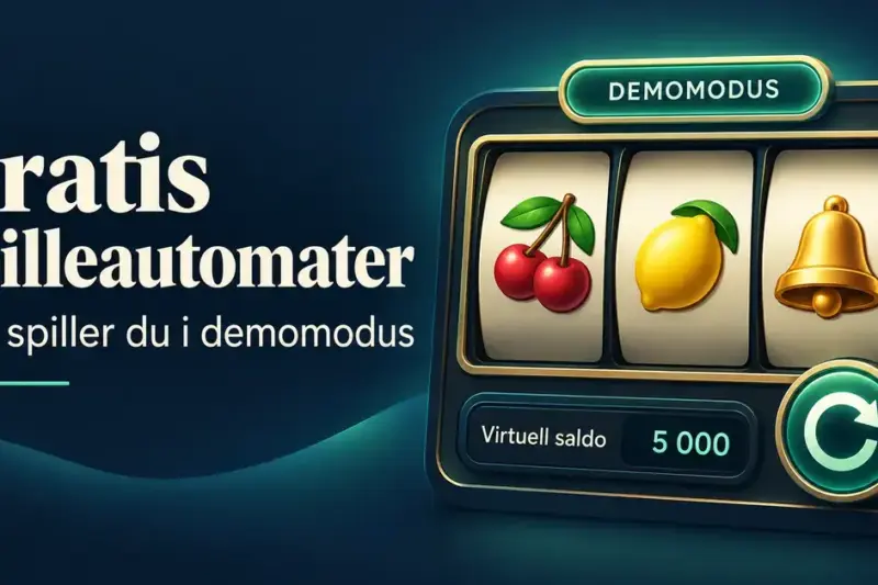 Illustrasjon av en spilleautomat i demomodus med fruktsymboler, en bjelle og en virtuell saldo på 5 000 ved siden av teksten «Gratis spilleautomater – Slik spiller du i demomodus».
