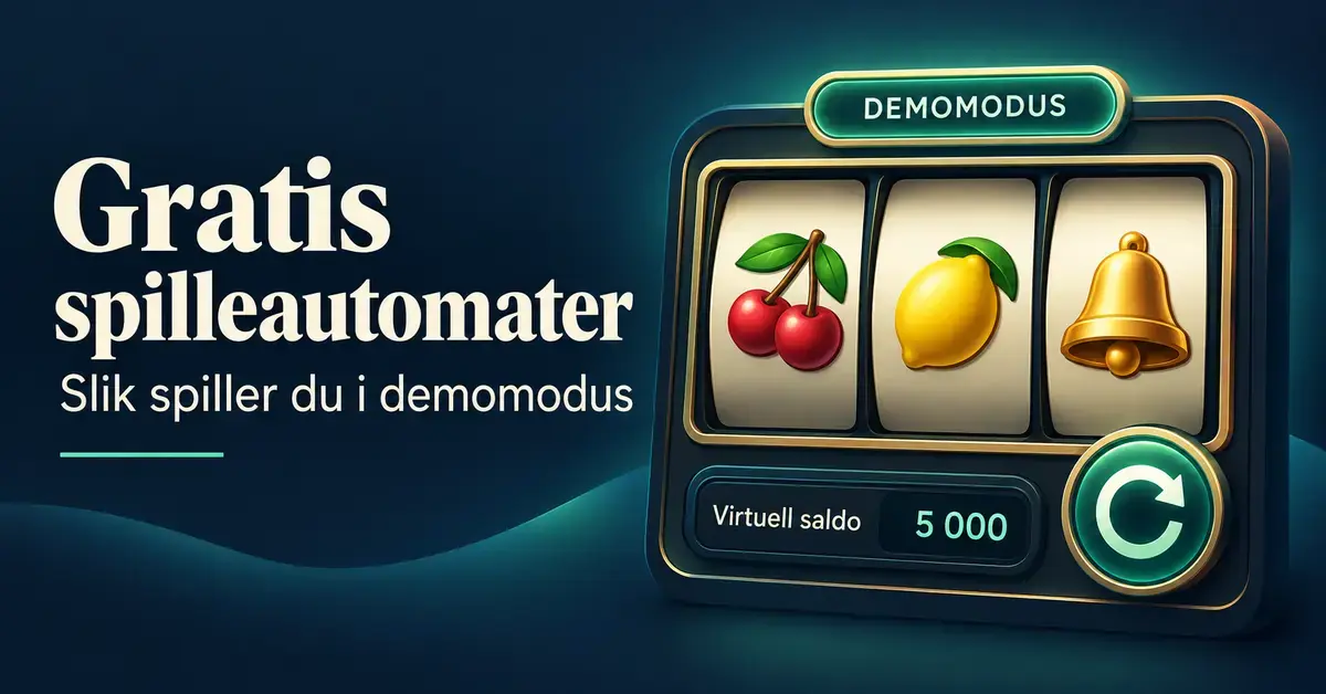 Illustrasjon av en spilleautomat i demomodus med fruktsymboler, en bjelle og en virtuell saldo på 5 000 ved siden av teksten «Gratis spilleautomater – Slik spiller du i demomodus».