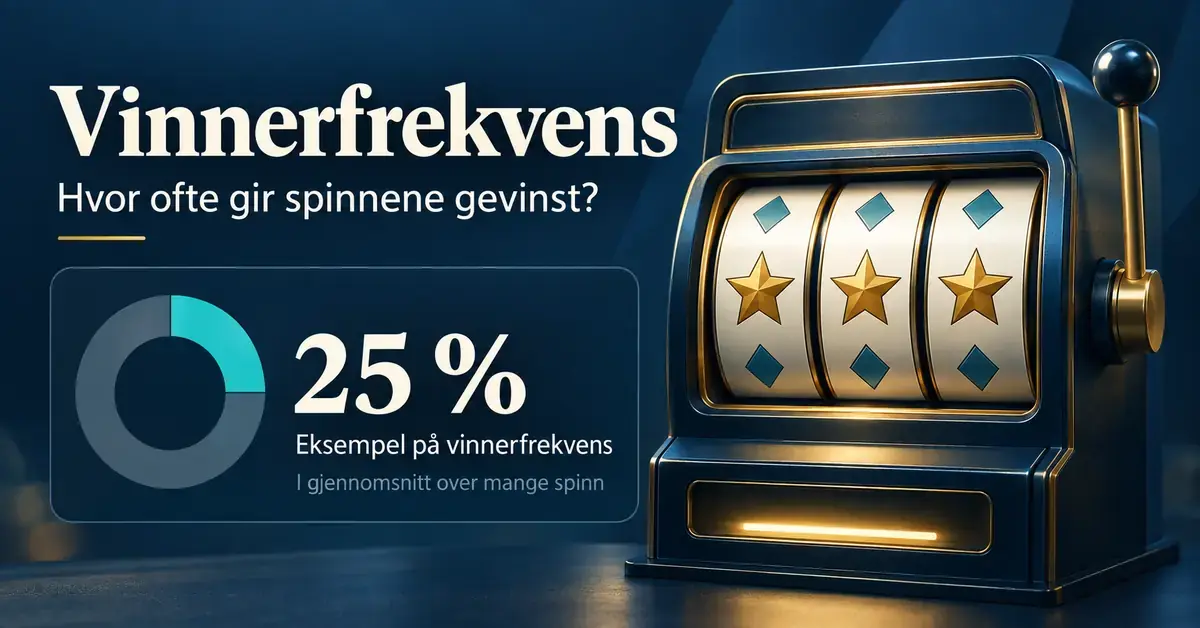 Illustrasjon av en spilleautomat og et sirkeldiagram som viser 25 prosent vinnerfrekvens i gjennomsnitt over mange spinn.