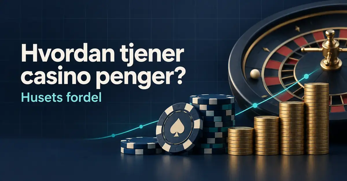 Illustrasjon av et ruletthjul, sjetonger og voksende myntstabler som viser hvordan casinoer tjener penger på husets fordel.