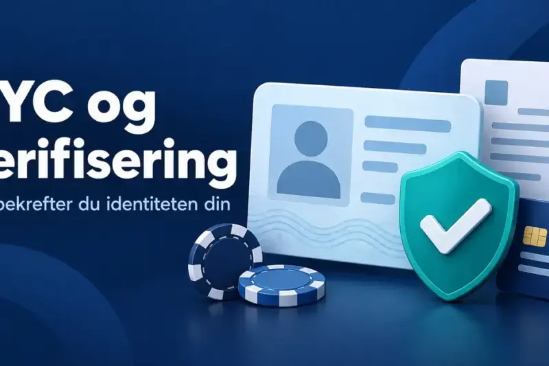 Illustrasjon av et ID-kort, et dokument, et betalingskort og et skjold med hake ved siden av casinojetonger og teksten «KYC og verifisering – Slik bekrefter du identiteten din».