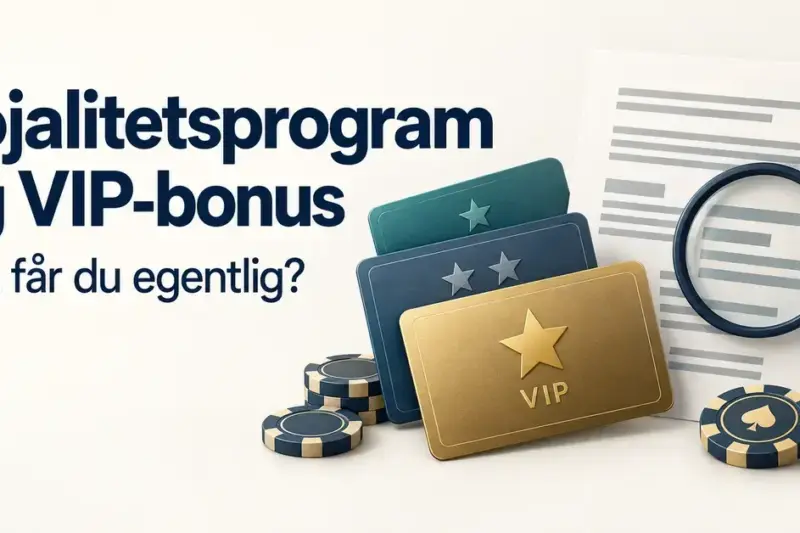 Illustrasjon av medlemskort på ulike nivåer, kasinosjetonger og et forstørrelsesglass over vilkår, med teksten «Lojalitetsprogram og VIP-bonus – Hva får du egentlig?».