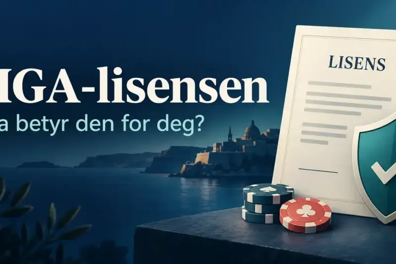 Illustrasjon av et lisensdokument, et skjold med hake og kasinosjetonger foran en maltesisk kystby, med teksten «MGA-lisensen – Hva betyr den for deg?».