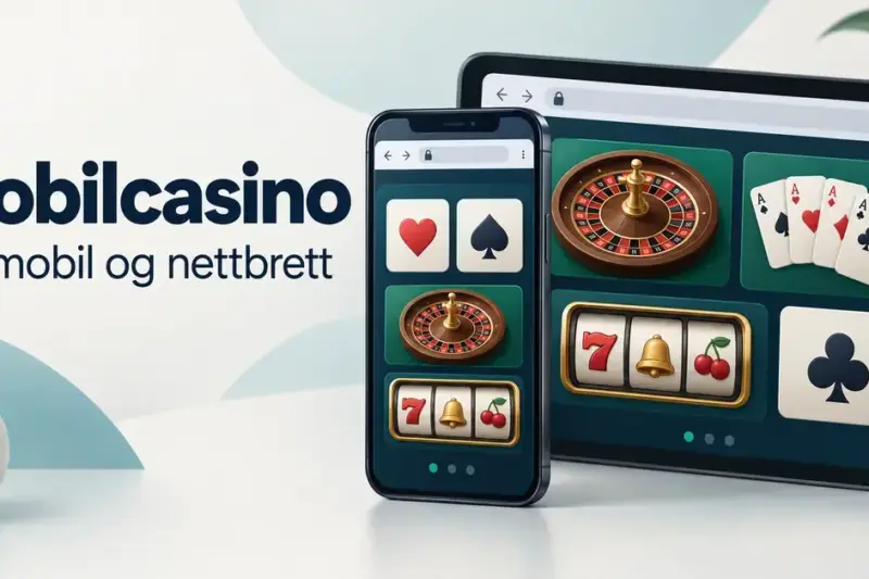 Illustrasjon av en mobiltelefon og et nettbrett med casinospill i nettleseren, ved siden av teksten «Mobilcasino – På mobil og nettbrett».