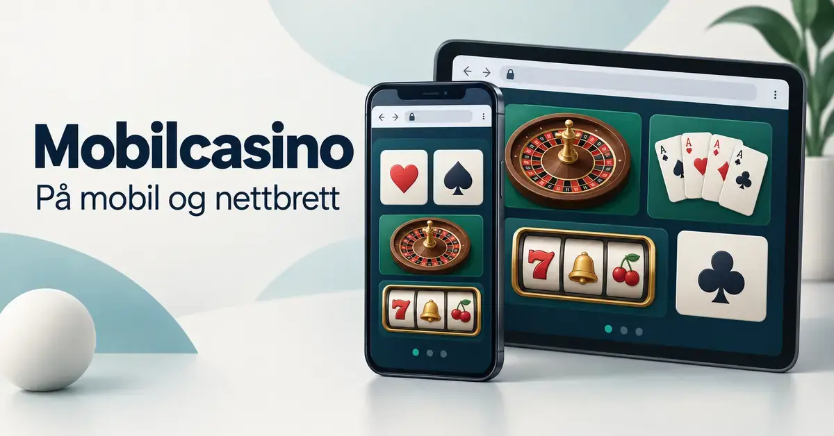 Illustrasjon av en mobiltelefon og et nettbrett med casinospill i nettleseren, ved siden av teksten «Mobilcasino – På mobil og nettbrett».