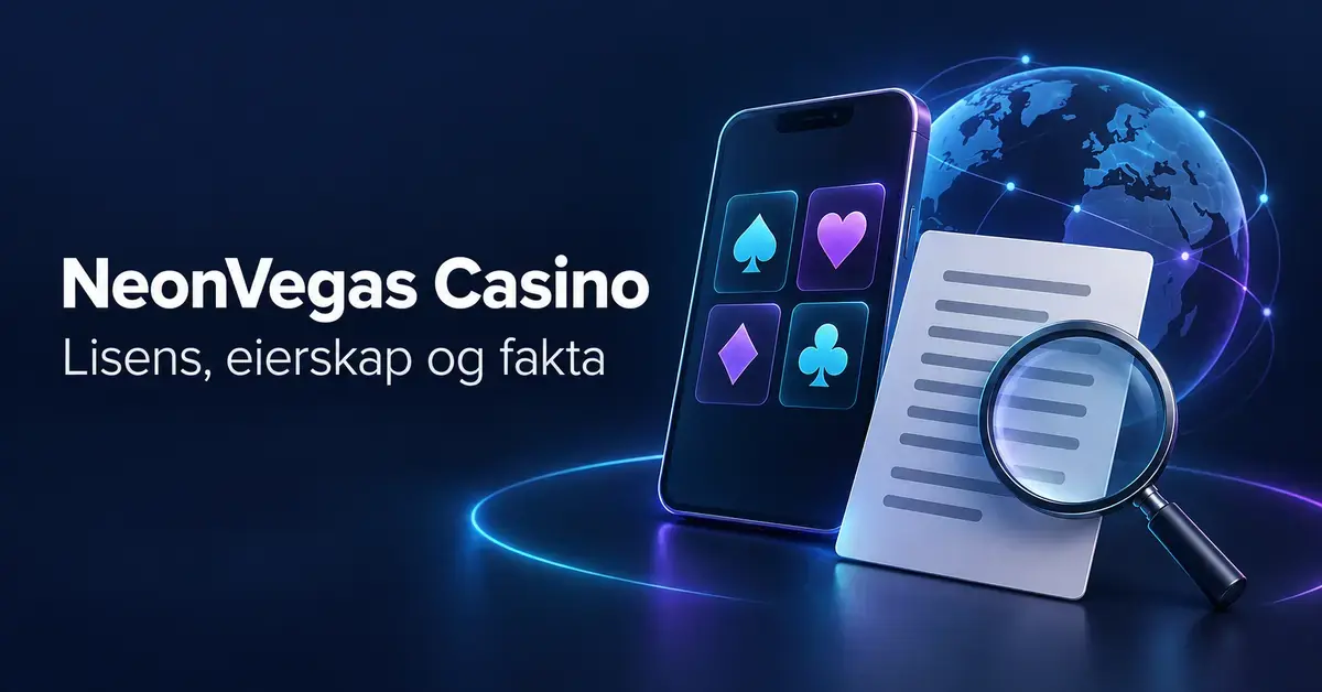 Illustrasjon med teksten «NeonVegas Casino – Lisens, eierskap og fakta», en mobiltelefon med kortsymboler, en globus og et dokument under et forstørrelsesglass.