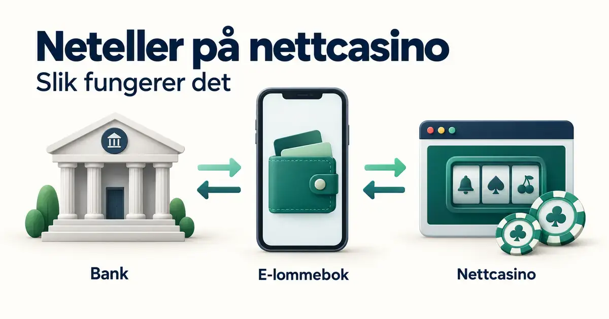 Illustrasjon av Neteller som e-lommebok mellom bank og nettcasino, med piler som viser innskudd og uttak.