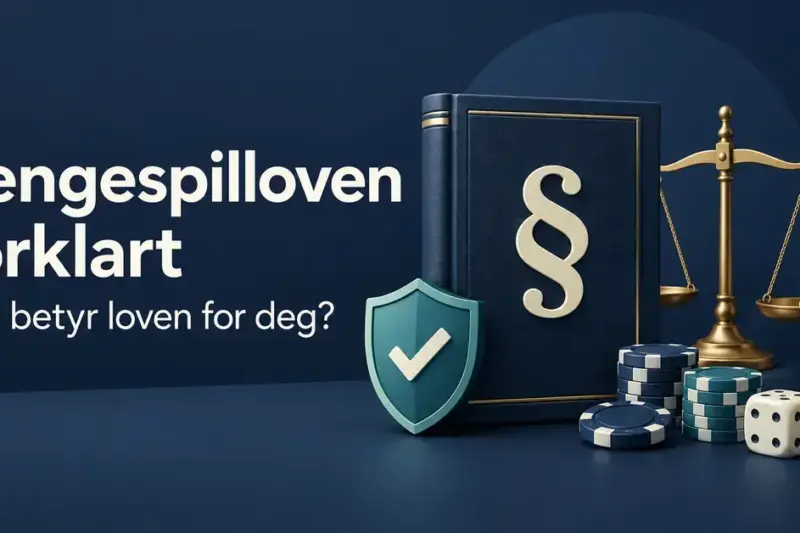 Illustrasjon av en lovbok, en vekt, et skjold og spillebrikker med teksten «Pengespilloven forklart – Hva betyr loven for deg?».