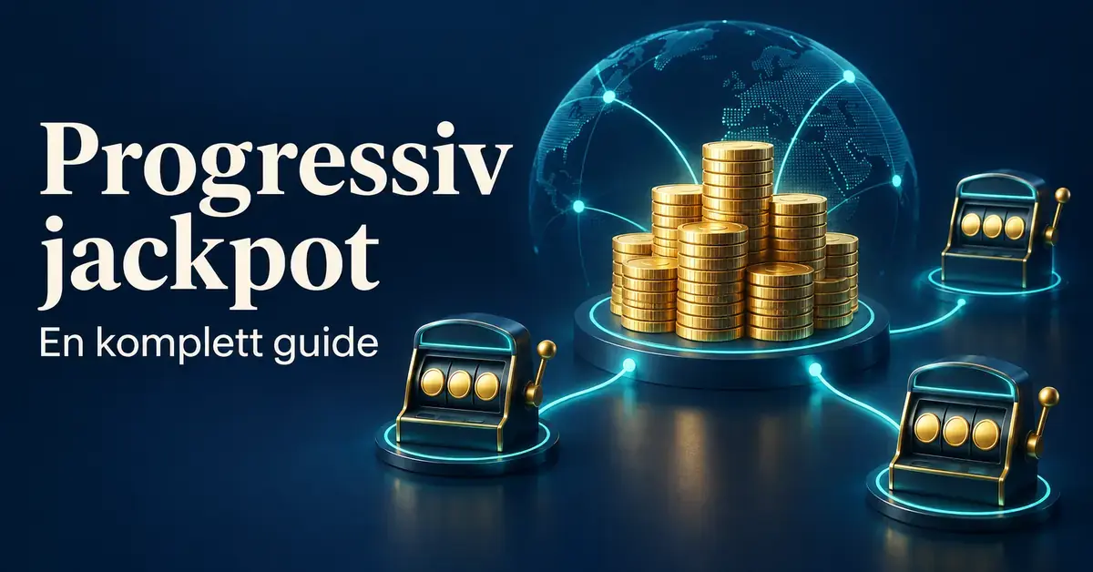 Illustrasjon av spilleautomater koblet til en felles pott med gullmynter foran en globus, med teksten «Progressiv jackpot – En komplett guide».