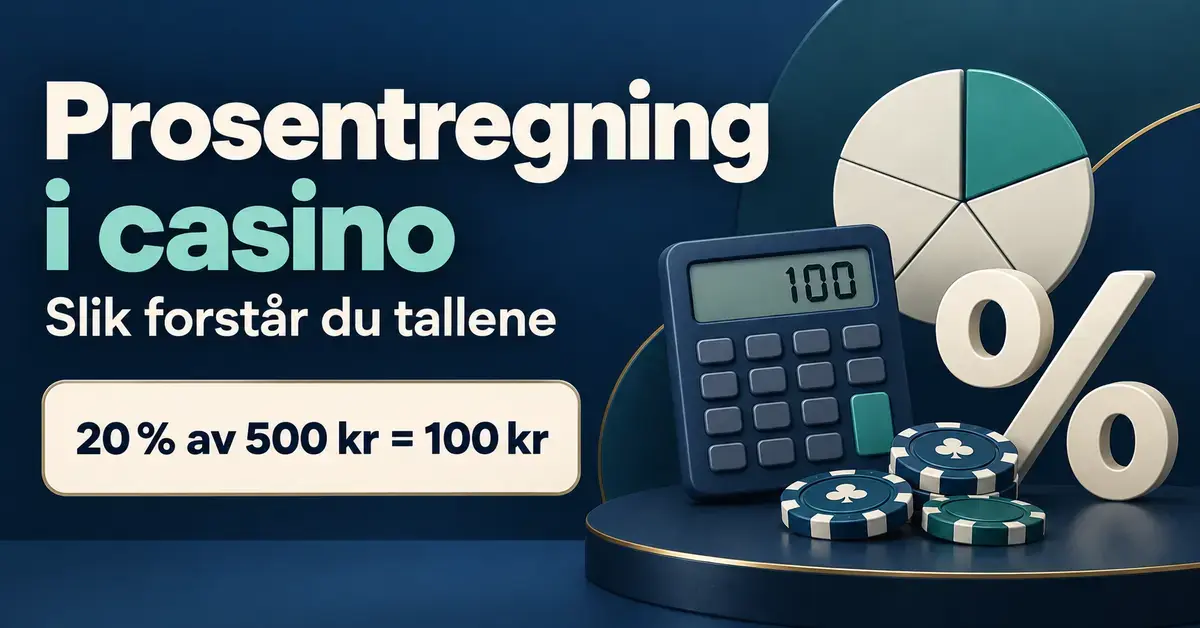 Illustrasjon av prosentregning i casino med kalkulator, sjetonger og et sektordiagram som viser at 20 prosent av 500 kroner er 100 kroner.