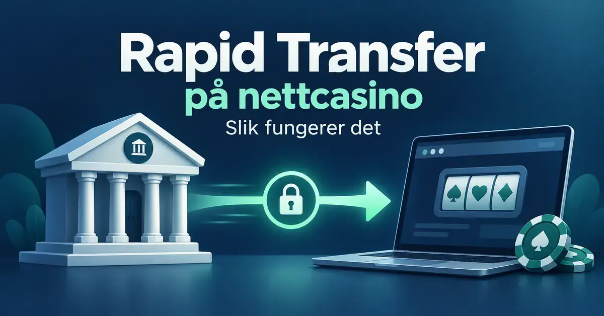 Illustrasjon av Rapid Transfer med en bank, en overføringspil med hengelås og en bærbar datamaskin som viser et nettcasino.