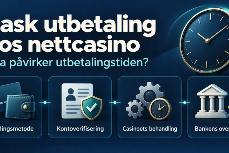 Illustrasjon med en klokke og symboler for betalingsmetode, kontoverifisering, casinoets behandling og bankens overføring som faktorer som påvirker utbetalingstiden hos nettcasino.