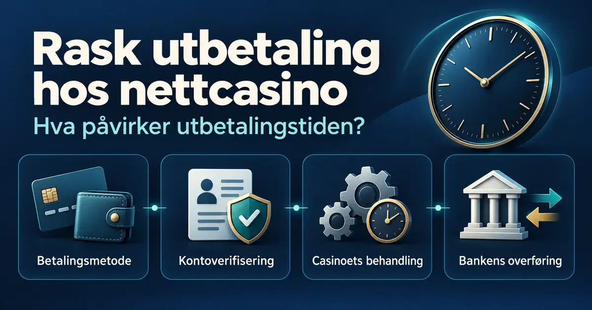 Illustrasjon med en klokke og symboler for betalingsmetode, kontoverifisering, casinoets behandling og bankens overføring som faktorer som påvirker utbetalingstiden hos nettcasino.