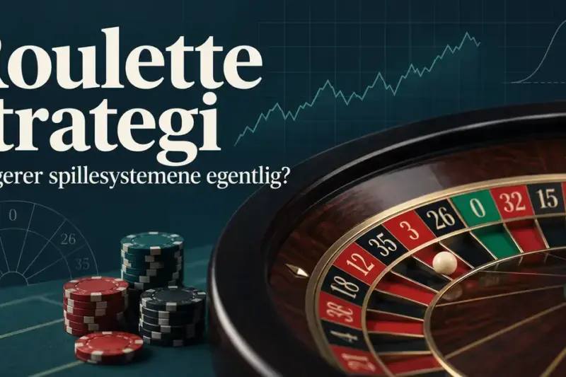 Ruletthjul og sjetonger foran matematiske grafer, med teksten «Roulette strategi – Fungerer spillesystemene egentlig?».