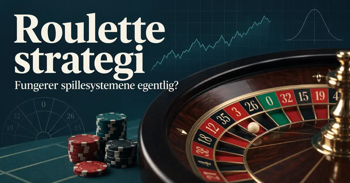Ruletthjul og sjetonger foran matematiske grafer, med teksten «Roulette strategi – Fungerer spillesystemene egentlig?».
