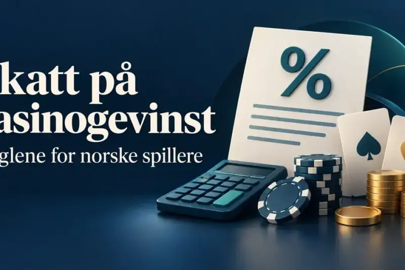 Illustrasjon av et skattedokument, en kalkulator, spillekort, sjetonger og mynter med teksten «Skatt på casinogevinst – Reglene for norske spillere».