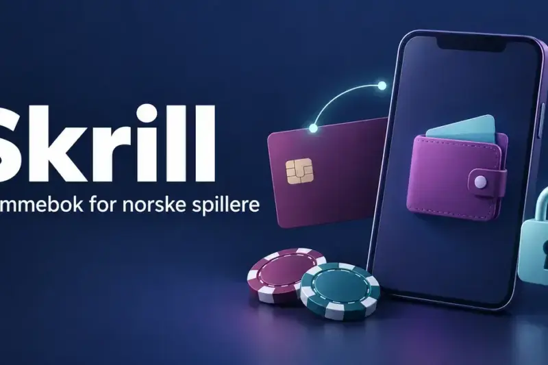Illustrasjon av en digital lommebok på en mobiltelefon, med betalingskort, hengelås og kasinosjetonger ved siden av teksten «Skrill – E-lommebok for norske spillere».