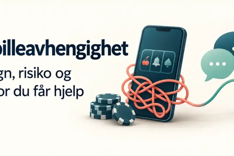 Illustrasjon om spilleavhengighet med en mobiltelefon omgitt av en sammenfiltret snor, spillebrikker og snakkebobler som symboliserer hjelp og støtte.