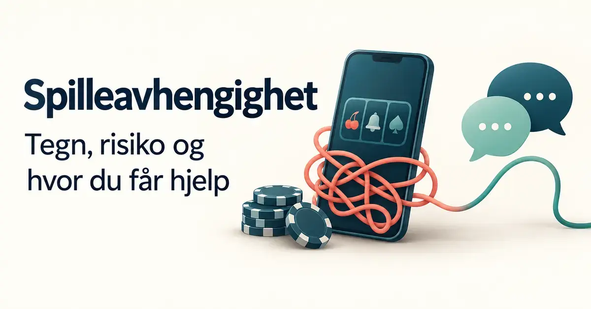 Illustrasjon om spilleavhengighet med en mobiltelefon omgitt av en sammenfiltret snor, spillebrikker og snakkebobler som symboliserer hjelp og støtte.