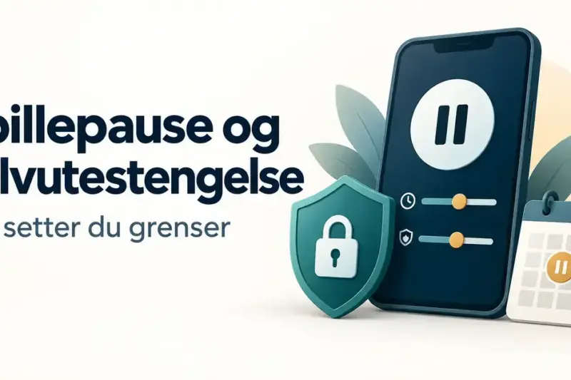 Illustrasjon av en mobil med pausesymbol og spillegrenser, et skjold med hengelås og en kalender som symboliserer spillepause og selvutestengelse.