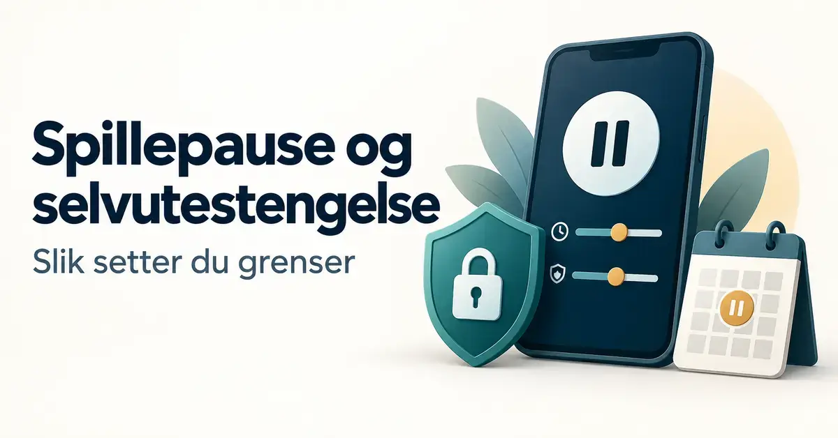 Illustrasjon av en mobil med pausesymbol og spillegrenser, et skjold med hengelås og en kalender som symboliserer spillepause og selvutestengelse.