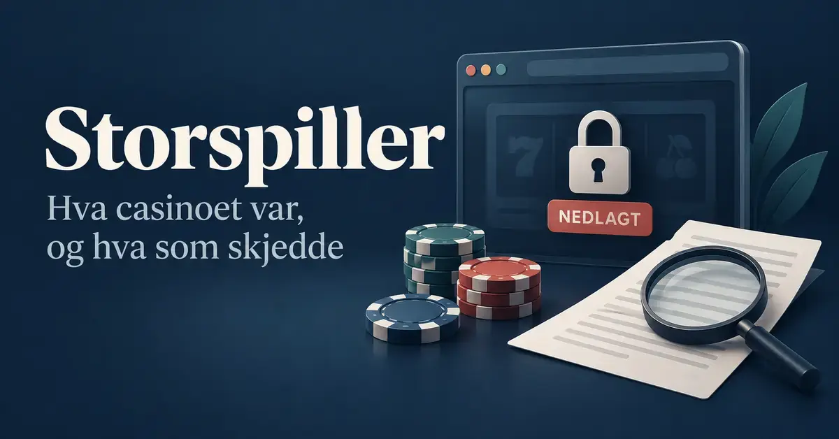 Illustrasjon av det nedlagte nettcasinoet Storspiller med en låst casinoside, sjetonger og et dokument under et forstørrelsesglass.