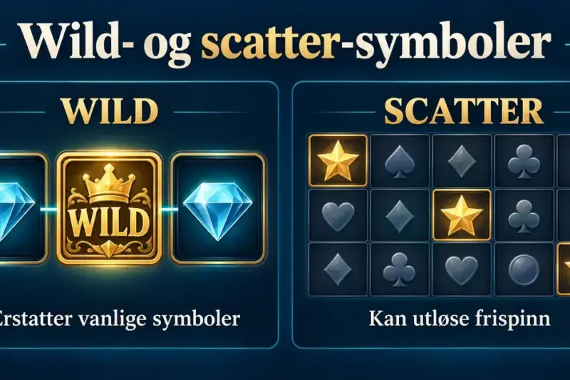 Illustrasjon som viser hvordan wild erstatter vanlige symboler på en gevinstlinje, mens tre scatter-symboler spredt på hjulene kan utløse frispinn.