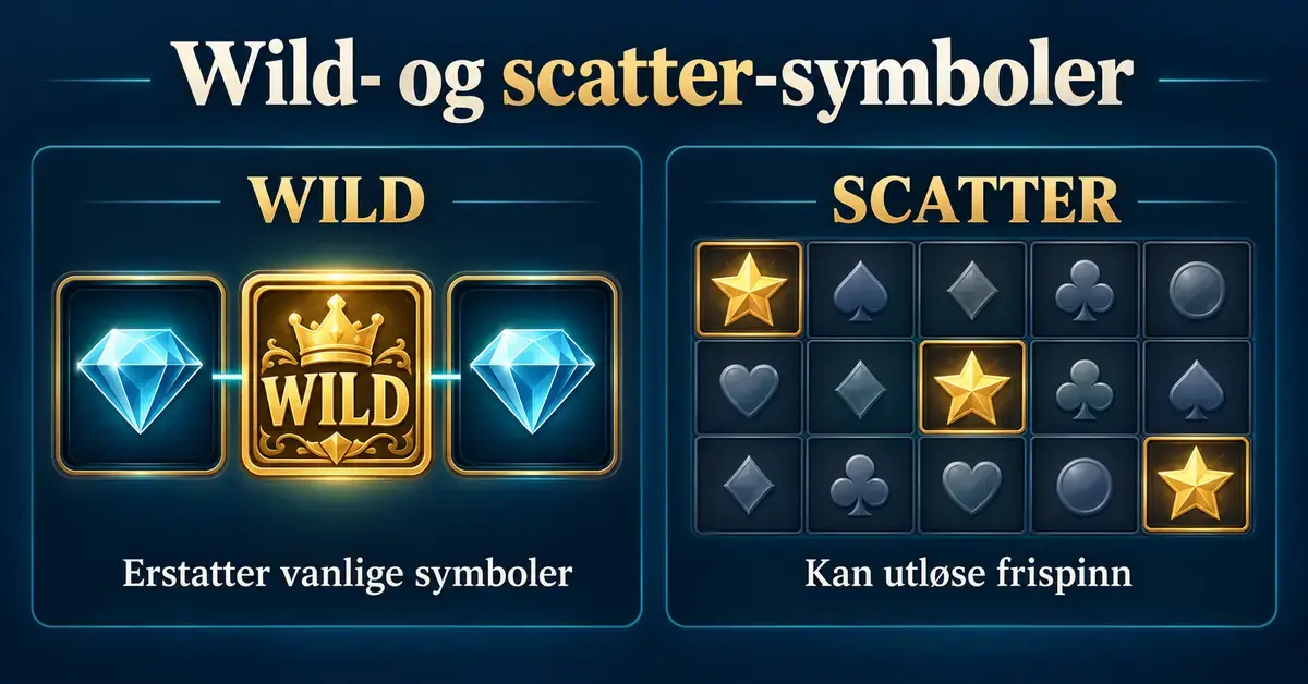 Illustrasjon som viser hvordan wild erstatter vanlige symboler på en gevinstlinje, mens tre scatter-symboler spredt på hjulene kan utløse frispinn.